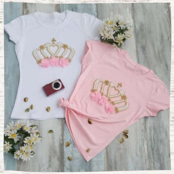 QUEEN Crown Rhinestone/Pearls HANDMADE, Ladies Tee, Bling T-Shirt, PINK - Picture 3 of 5
